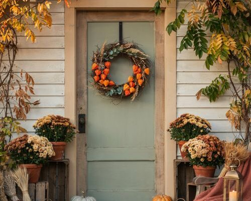 Creative fall front door decor with DIY Chinese lantern wreath and cozy autumn porch styling