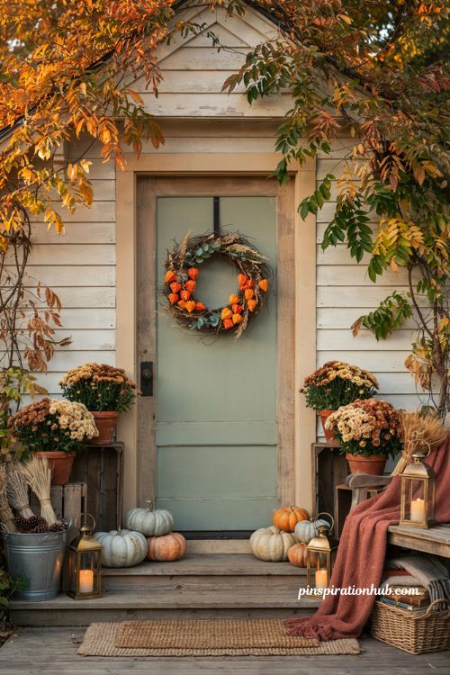 Creative fall front door decor with DIY Chinese lantern wreath and cozy autumn porch styling