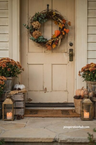 DIY fall wreath ideas with dried hydrangeas twig wreath and Chinese lantern accents
