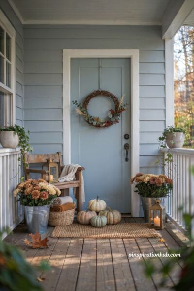 Fall porch decor ideas for a gray house with blue front door and neutral autumn accents