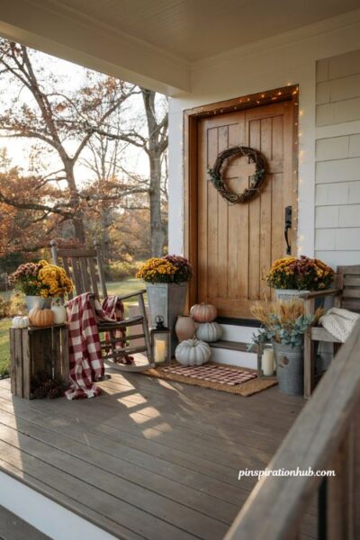 Fall porch decor ideas with mums pumpkins fairy lights and cozy autumn farmhouse style