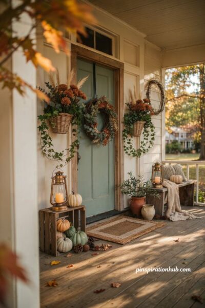 Fall porch hanging basket ideas with mums eucalyptus and layered autumn wreaths