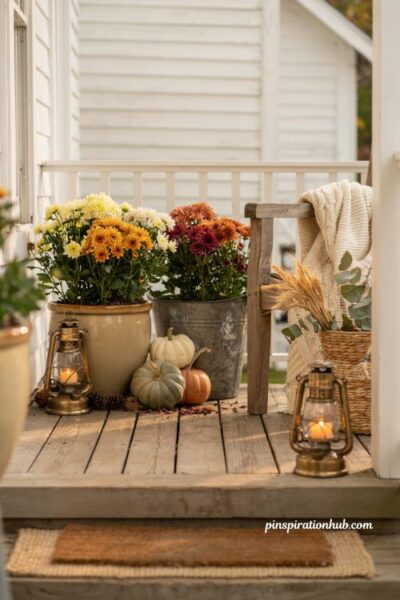 Fall porch mums in planters with healthy blooms and cozy autumn entry decor
