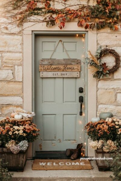 Personalized fall front door sign ideas with rustic wood decor fairy lights and cozy porch styling