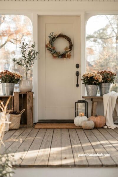 Rustic farmhouse and minimalist fall porch decor ideas with neutral pumpkins and cozy autumn style