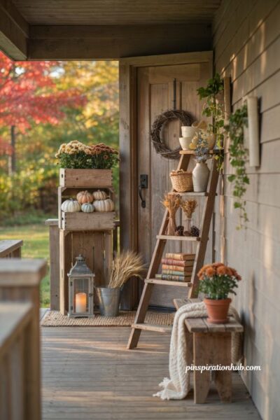 Vertical fall porch display ideas with stacked crates ladder shelf mums and pumpkins