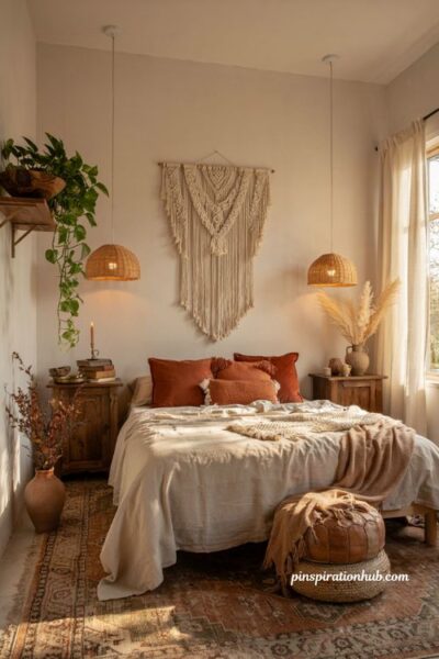 Boho inspired fall bedroom with rust pillows macrame wall hanging and vintage rug