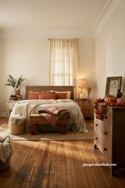Budget fall bedroom decor with thrifted finds DIY accents and cozy autumn styling