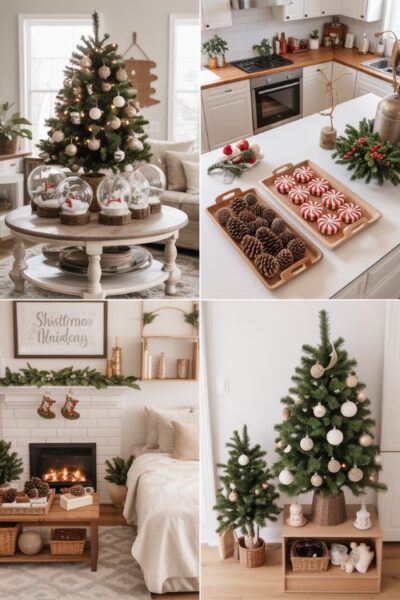 Cozy home decorated for Christmas on a budget, featuring a tabletop tree with DIY snow globes, peppermint and pinecone kitchen trays, and small DIY ornaments in the bedroom, showcasing affordable holiday decorating ideas.