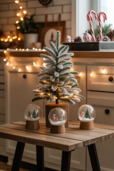 Cozy home decorated for Christmas on a budget, featuring a tabletop tree with DIY snow globes, peppermint and pinecone kitchen trays, and small DIY ornaments in the bedroom, showcasing affordable holiday decorating ideas.