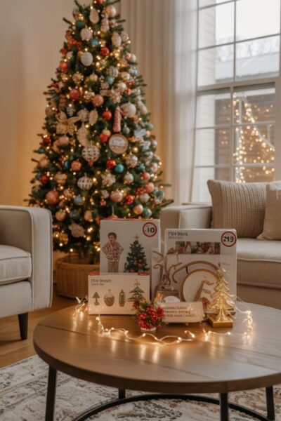 Cozy living room decorated for Christmas with budget-friendly decor including Dollar Tree ornaments, At Home garland, Walmart tabletop pieces, and DIY Amazon kits, showing stylish yet affordable holiday decorations.