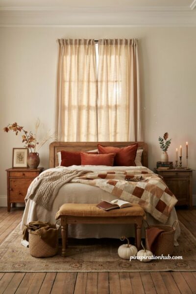 Fall bedroom color palette with warm neutral bedding rust accents and cozy autumn decor