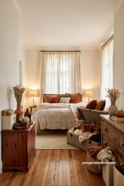 Fall bedroom decor storage ideas with organized seasonal bins and cozy autumn styling