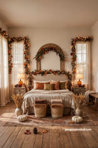 Fall bedroom garland ideas with cozy headboard window and doorway autumn decor