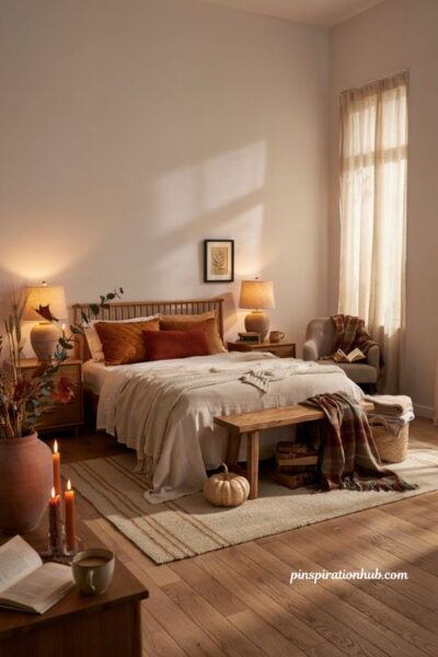Fall bedroom ideas with cozy layers warm lighting and timeless autumn decor
