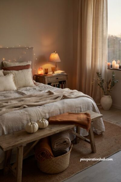 Fall bedroom lighting ideas with fairy lights salt lamp and cozy ambient glow