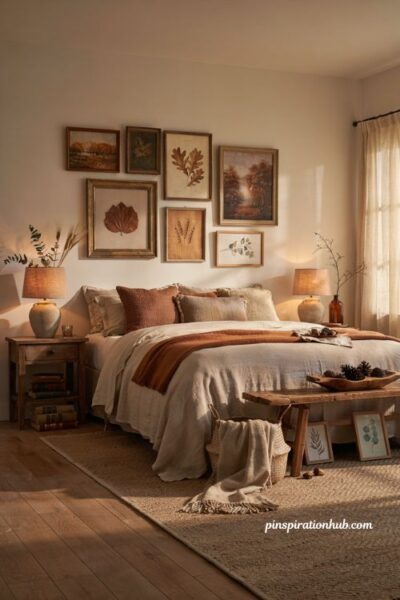Fall bedroom wall art ideas with autumn landscapes botanical prints and cozy seasonal decor