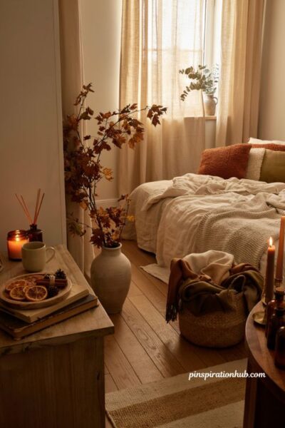 Fall bedroom with apple cinnamon candles cozy autumn styling and warm seasonal decor