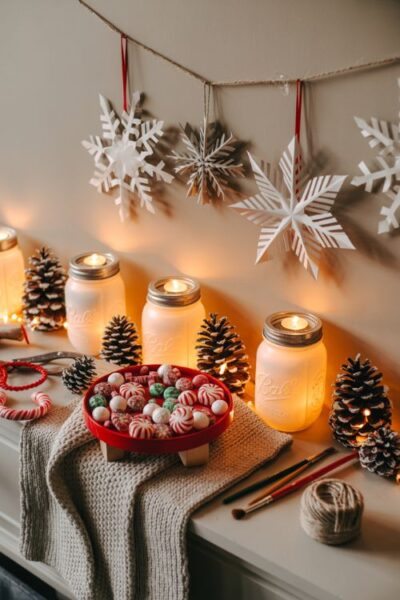 Festive DIY Christmas scene with snowy mason jars, pinecone candle holders, peppermint tray centerpiece, and handmade paper snowflakes, showcasing budget-friendly holiday decorations.