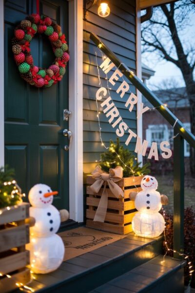 Front porch decorated for Christmas on a budget with Dollar Tree lights, homemade snowmen, and a DIY pinecone wreath, showcasing affordable and charming outdoor holiday decorations.