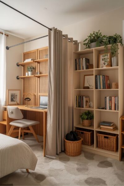 Guest bedroom office combo with a curtain divider, folding screen, and bookcase partition creating privacy and multifunctional style.
