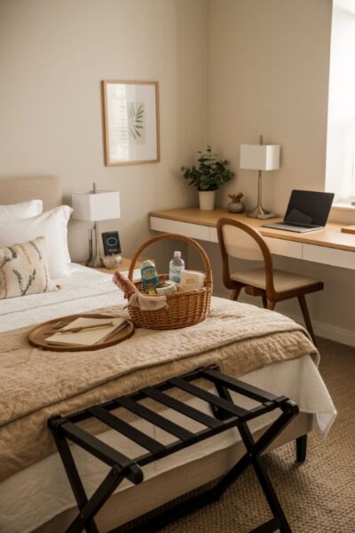 Guest bedroom office combo with fresh bedding, welcome basket, bedside lamp, charging station, and desk for a guest-friendly design.