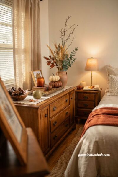 How to style a fall bedroom dresser and nightstand with cozy autumn decor