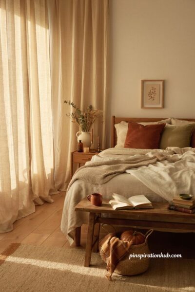 Instagram worthy fall bedroom ideas with cozy morning light warm autumn decor and coffee styling