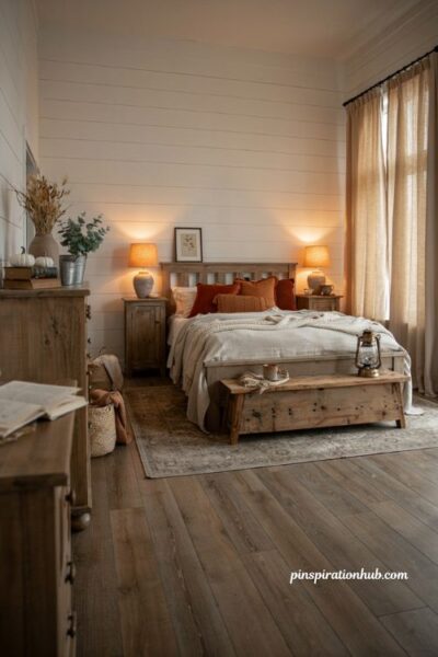 Modern farmhouse fall bedroom with white shiplap burnt orange accents and cozy autumn decor