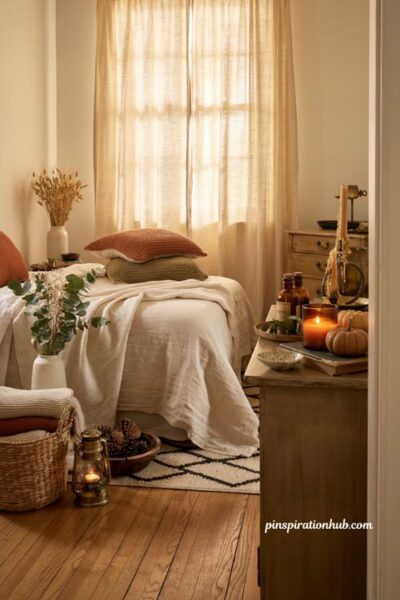 Must have fall bedroom accessories with candles pumpkins and cozy autumn decor