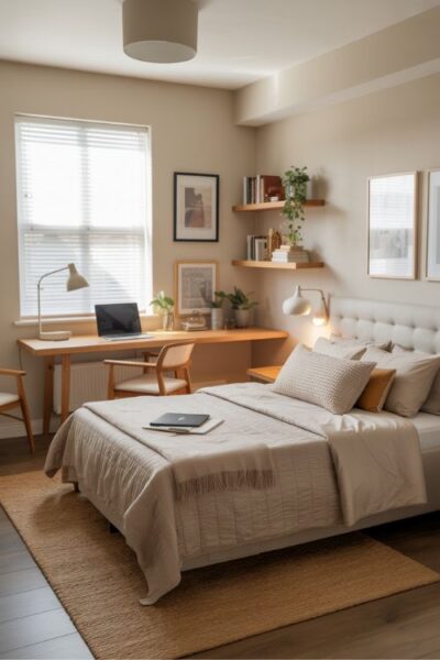 Guest bedroom office combo with a desk by the window, cozy bed against the wall, and modern minimal decor for a balanced layout.
