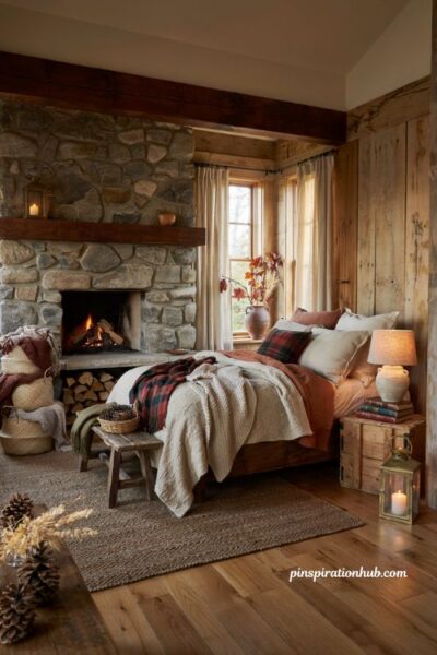 Rustic fall bedroom aesthetic with plaid bedding reclaimed wood and cozy cabin decor