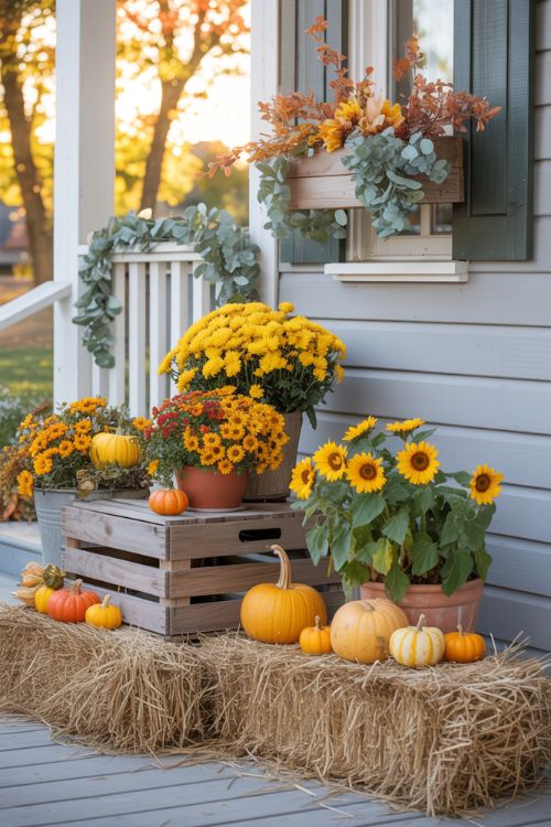 Thanksgiving Porch Decor with Flowers and Greenery