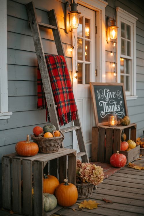 Create a photorealistic Thanksgiving porch scene with a rustic, farmhouse aesthetic. Feature a wooden ladder leaning against the wall, draped with plaid blankets, alongside crates filled with pumpkins, gourds, and apple baskets. Include a chalkboard sign with a seasonal message like “Give Thanks” to add a personal, playful touch. Surround the porch with soft lighting, lanterns, and subtle autumn greenery to enhance texture and warmth. Emphasize a cozy, lived-in feel that balances charm and functionality, perfect for a welcoming fall home decor scene. Capture the approachable, nostalgic atmosphere of a traditional farmhouse Thanksgiving. Keywords to include: Thanksgiving Porch Decor Ideas, rustic fall porch, farmhouse autumn decor
