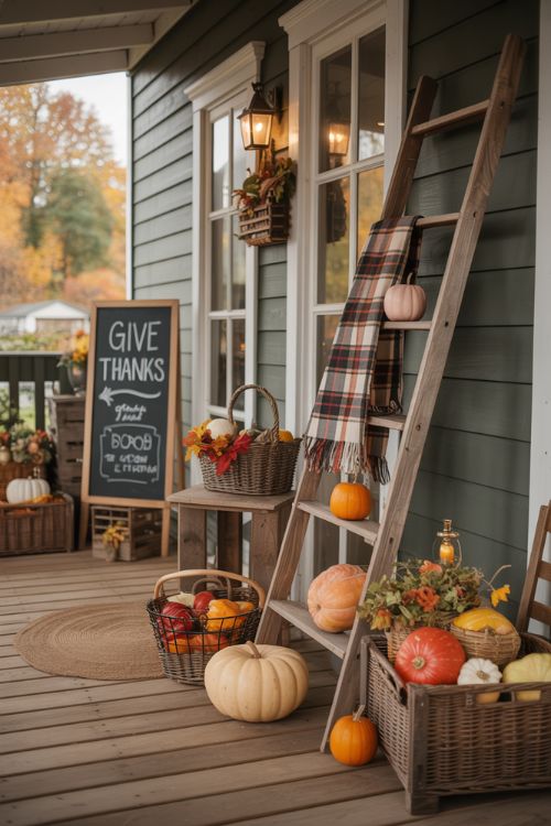 Create a photorealistic Thanksgiving porch scene with a rustic, farmhouse aesthetic. Feature a wooden ladder leaning against the wall, draped with plaid blankets, alongside crates filled with pumpkins, gourds, and apple baskets. Include a chalkboard sign with a seasonal message like “Give Thanks” to add a personal, playful touch. Surround the porch with soft lighting, lanterns, and subtle autumn greenery to enhance texture and warmth. Emphasize a cozy, lived-in feel that balances charm and functionality, perfect for a welcoming fall home decor scene. Capture the approachable, nostalgic atmosphere of a traditional farmhouse Thanksgiving. Keywords to include: Thanksgiving Porch Decor Ideas, rustic fall porch, farmhouse autumn decor