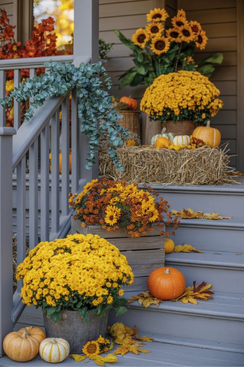 Thanksgiving Porch Decor with Flowers and Greenery