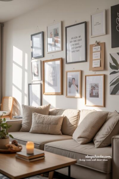 Photorealistic modern living room interior featuring a large decorative mirror as the main wall decor element, positioned to reflect natural light from a nearby window, soft daylight filling the space and making the room feel brighter and more open, neutral color palette with beige or light gray sofa and minimal cushions, clean uncluttered wall with one statement mirror in a unique shape such as round or arched, subtle reflections adding depth and dimension, light wood or glass coffee table with simple decor accents like a candle or small plant, airy and spacious atmosphere, Scandinavian modern style, balanced composition with negative space, eye-level perspective, 35mm lens realism, ultra sharp focus across entire image, no blur, all elements crisp and clearly visible, realistic textures and soft shadows creating a calm and inviting space