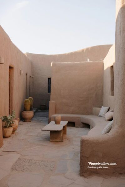 Adobe style Mexican patio ideas with earthy textures and calm minimalist courtyard atmosphere