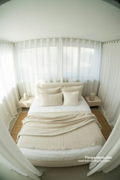 All white small bedroom ideas for couples with bright airy design and soft textured minimalist cozy atmosphere