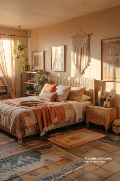 Boho bedroom decor ideas with layered textiles handmade accents and artistic vibes