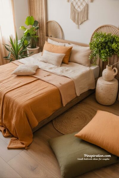 Boho chic small bedroom ideas for couples with earthy tones natural textures and cozy balanced minimalist decor