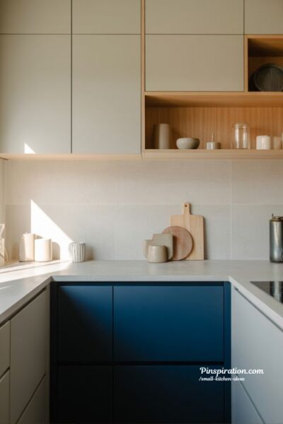 Bold accent small kitchen ideas with deep blue cabinet and minimalist modern cozy design