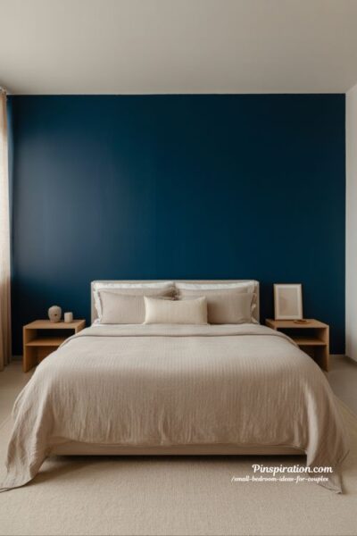 Bold accent wall small bedroom ideas for couples with neutral decor and stylish modern cozy layout