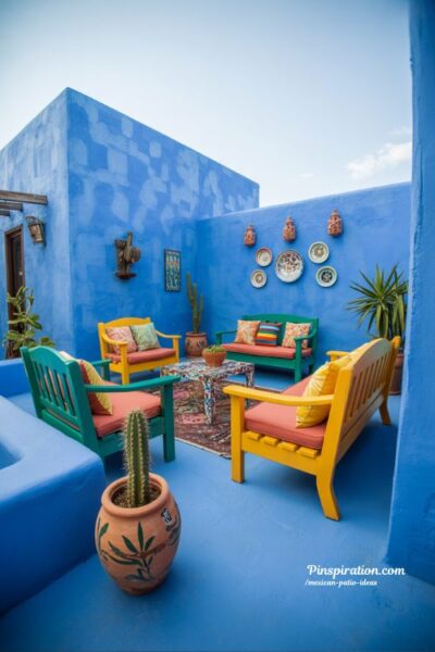 Bold colorful Mexican patio ideas with vibrant painted walls and expressive outdoor courtyard style