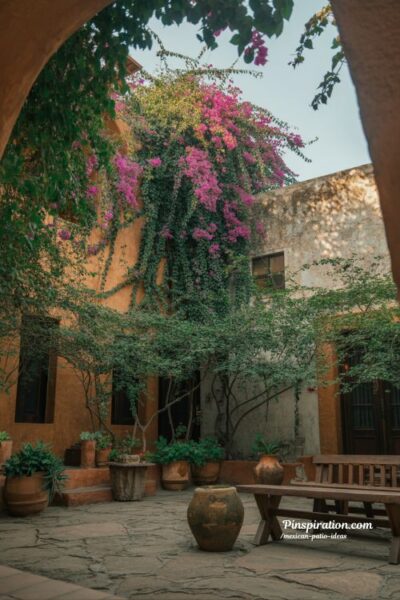 Bougainvillea garden Mexican patio ideas with climbing flowers and cinematic rustic courtyard beauty