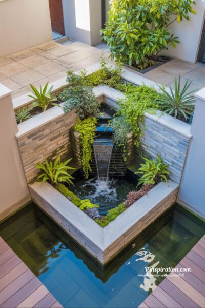 Built in planter waterfall small pond modern backyard garden space saving design