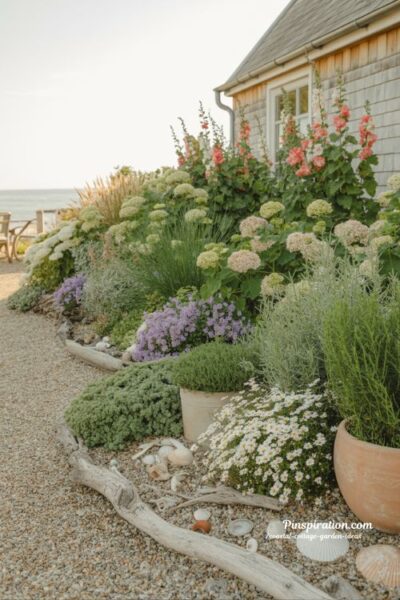 Coastal cottage flower garden with layered planting and soft natural harmony