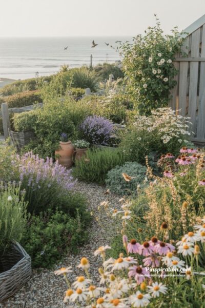 Coastal cottage pollinator garden with bees butterflies and natural wildlife movement