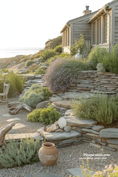 Coastal cottage rock garden with lavender herbs and timeless stone charm