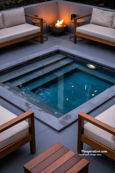 Cocktail pool design for social evening gatherings with built in seating and modern small backyard entertainment space